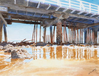 pete martin artist brisbane watercolour of shorncliffe pier viewed from below with old timber and colourful reflections